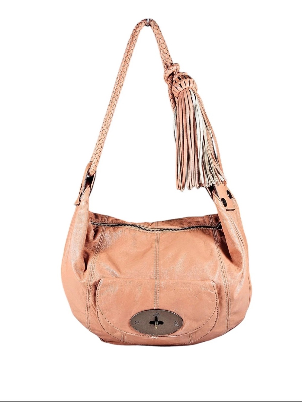 Mulberry Peach Leather Shoulder Hobo with Braided Strap and Tassel